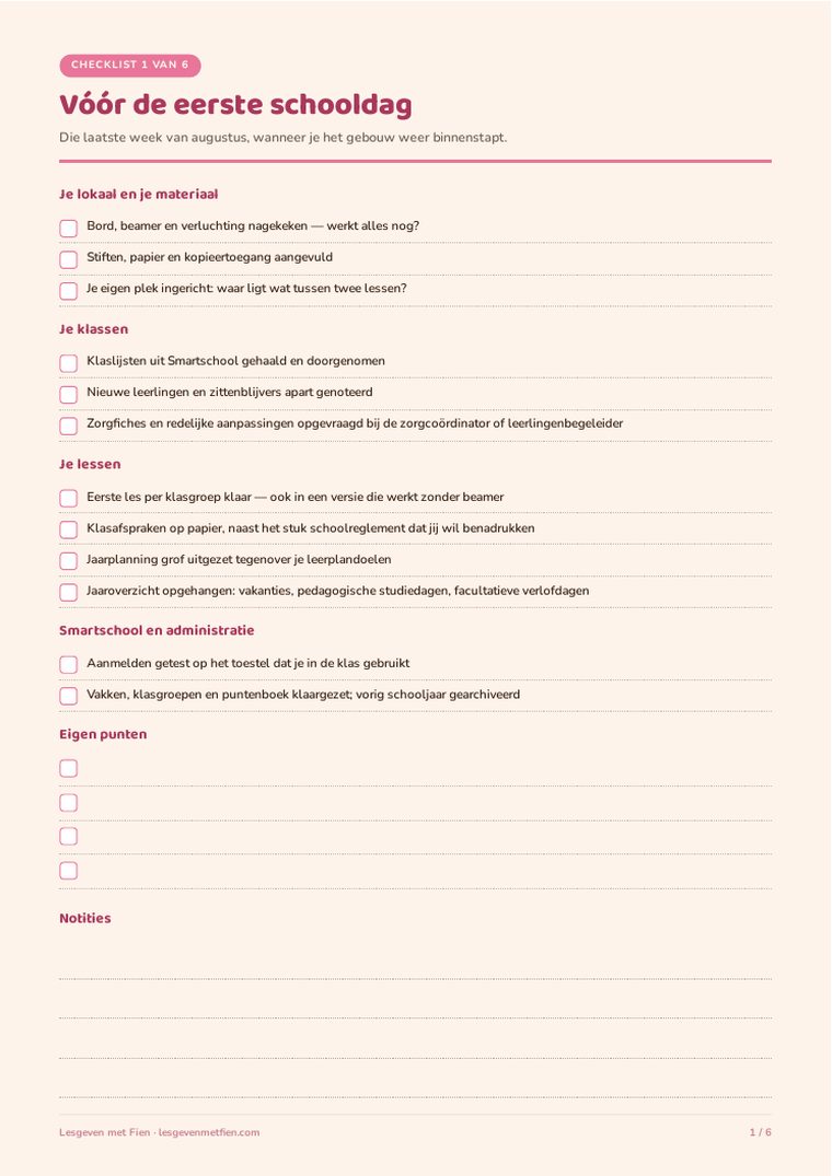 Checklist 1 van 6: Vóór de eerste schooldag, met afvinkvakjes per punt en ruimte voor eigen punten en notities.