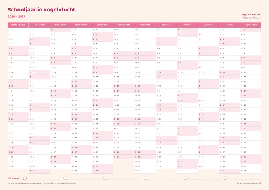 Het jaaroverzicht: twaalf maandkolommen naast elkaar, met de weekends in kleur en alle andere dagen blanco.